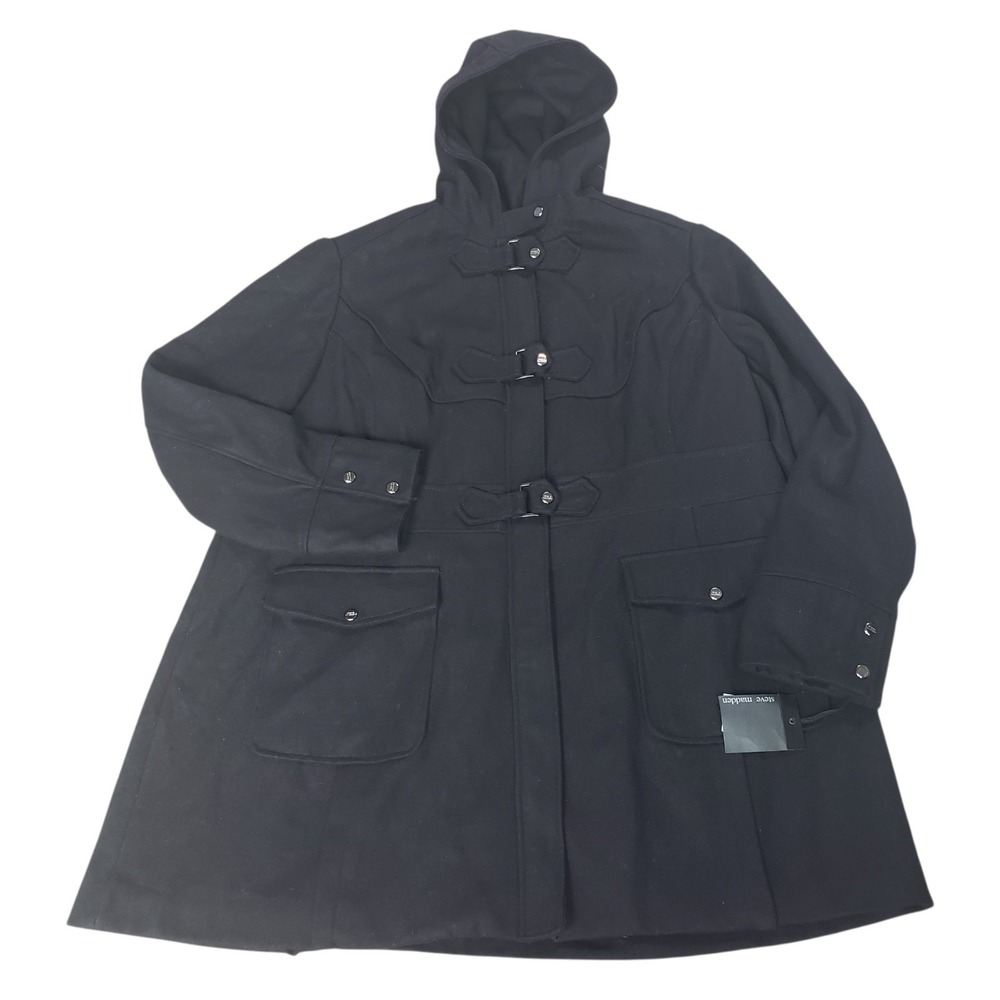 Steve Madden Coat Plus 3X Black Wool Double Closure Toggle Chore‎ Hooded Trench